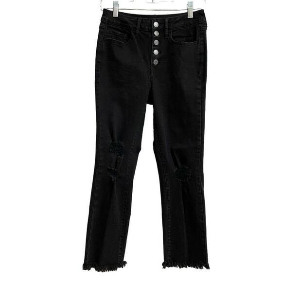 SO High Rise Straight Leg Jeans Women's Sz 5 Black Distressed Raw Hem Button Fly - Picture 1 of 15